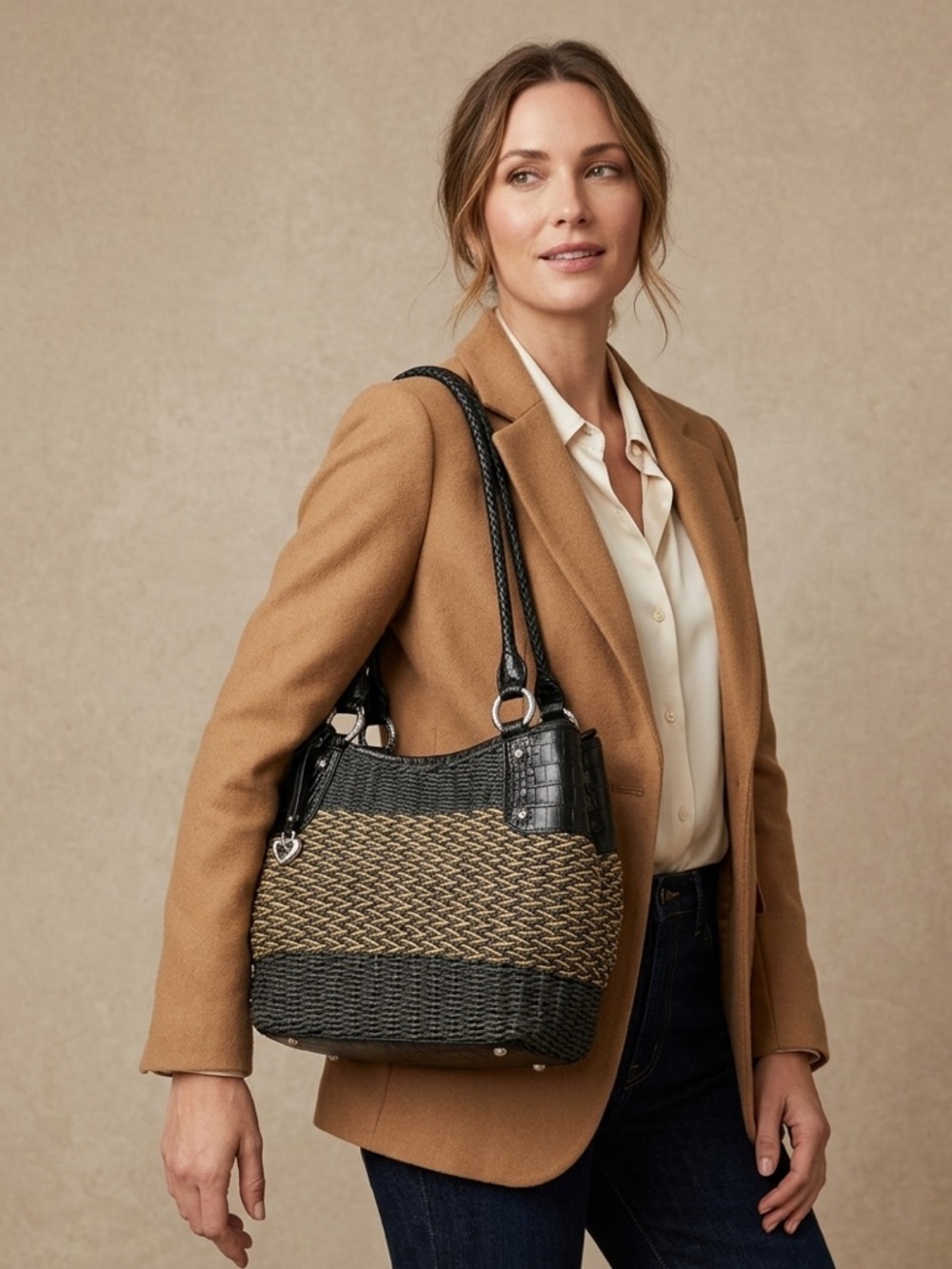 Brighton Black and Natural Woven Shoulder Bag